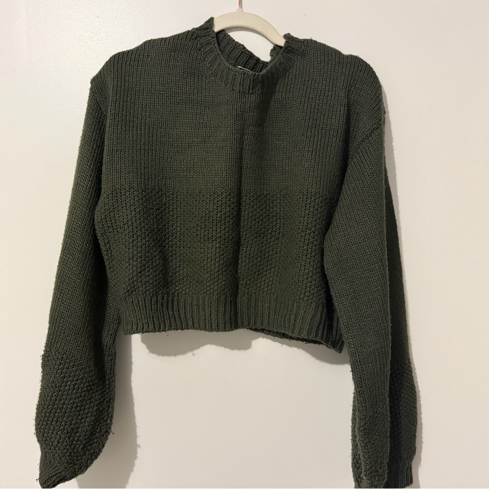 Blue Blush Chunky Cropped Knit Sweater - Olive Green
